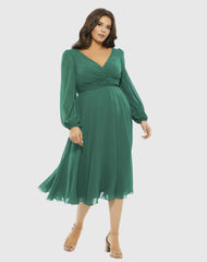 Green Chiffon Bishop Sleeve Surplice Dress (Plus)