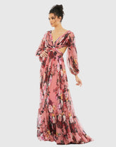 Pink Floral Cutout Open Back Blouson Sleeve Dress