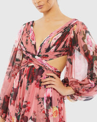 Pink Floral Cutout Open Back Blouson Sleeve Dress