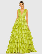 Green Ruffle Tiered Pleated Sleeveless V Neck Gown
