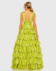 Green Ruffle Tiered Pleated Sleeveless V Neck Gown