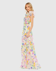 Multicolor Floral Sequin Embellished Ruffle Sleeve Gown