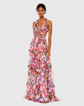 Multicolor Ruffled Cut Out Sleeveless Gown