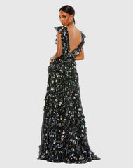 Black Multicolor Ruffled Floral Print Cap Sleeve Gown
