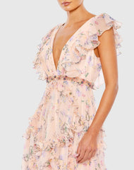 Pink Multicolor Ruffled Floral Print Cap Sleeve Gown