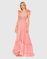 Pink Ruffle Sleeve V Neck A Line Gown