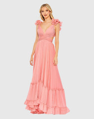 Pink Ruffle Sleeve V Neck A Line Gown