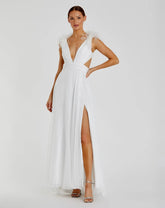 White Plunge Ostrich Feather A Line Gown