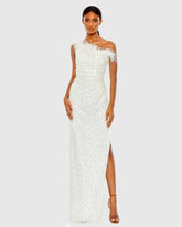White Embellished One Shoulder Gown w/ Ostrich Feathers