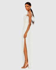 White Embellished One Shoulder Gown w/ Ostrich Feathers
