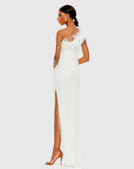 White Embellished One Shoulder Gown w/ Ostrich Feathers