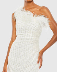 White Embellished One Shoulder Gown w/ Ostrich Feathers