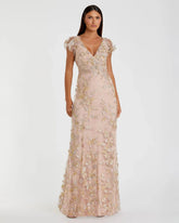 Pink Embroidered Applique Wrap Over Flutter Sleeve Gown