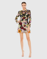 Black Floral Embroidered Long Sleeve Mini Dress