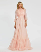 Chiffon Ruched Illusion Raglan Sleeve Ruffled Gown