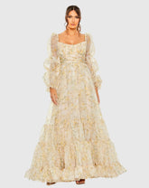 Multicolor Sweetheart Balloon Sleeve Chiffon Tiered Gown