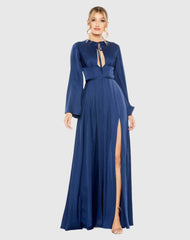Navy Charmeuse Soft Tie Keyhole Bell Sleeve Gown