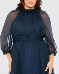 Navy High Neck Puff Sleeve Tiered A Line Gown (Plus)