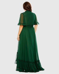 Green Ruffle Tiered High Low Flutter Sleeve Gown (Plus)