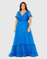 Blue Chiffon Flutter Sleeve A-line Dress (Plus)