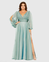 Blue Puff Sleeve w/ Embellished Cuff V Neck A Line Gown (Plus)