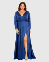 Long Sleeve V Neck A Line Gown (Plus)