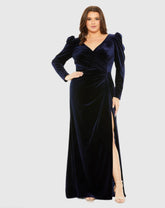 Navy Velvet Long Sleeve Gown (Plus)