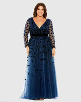 Navy Floral Applique Long Sleeve A Line Gown