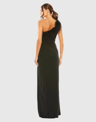 Black One Shoulder Feather Trim Gown