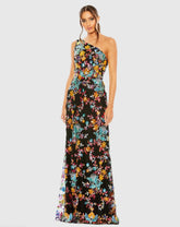 Black Multicolor One Shoulder Floral Sequin Lace Up Gown