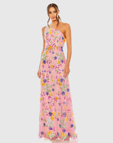 Pink Multicolor One Shoulder Floral Sequin Lace Up Gown