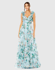 Blue Chiffon V-Neck Sleeveless Cut-Out Lace Up Back Gown