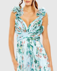 Blue Chiffon V-Neck Sleeveless Cut-Out Lace Up Back Gown