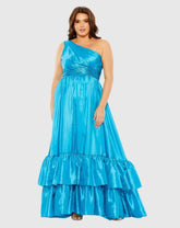 Blue One Shoulder Tiered Ruffle Hem Evening Gown (Plus)