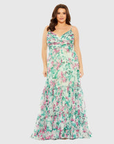 Green Floral Printed Tiered Ruched Gown (Plus)