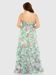 Green Floral Printed Tiered Ruched Gown (Plus)
