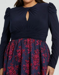 Navy Long Sleeve High Neck Brocade Gown