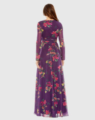 Purple Long Sleeve Ruched Top Deep V-Neckline Gown