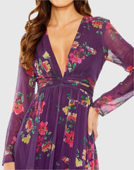 Purple Long Sleeve Ruched Top Deep V-Neckline Gown
