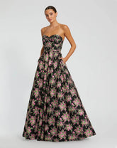 Black Strapless Sweetheart Brocade Floral Ballgown