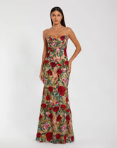 Beige Multicolor Embroidered Spaghetti Strap Floral Dress