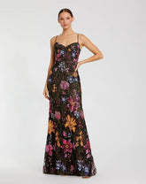 Black Multicolor Floral Embroidered Trumpet Gown