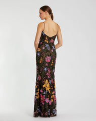 Black Multicolor Floral Embroidered Trumpet Gown