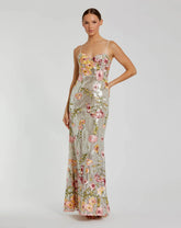 Silver Sleeveless Bustier Floral Applique Gown