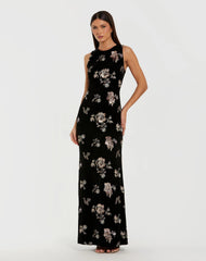 Black Sleeveless Floral Embellished Velvet Evening Gown
