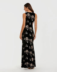 Black Sleeveless Floral Embellished Velvet Evening Gown
