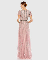 Pink Stripe Sequin V-Neck Gown