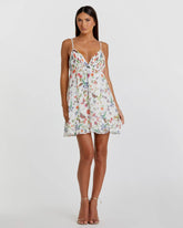 White Butterfly Print Ruffle Hem Mini Dress