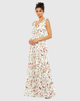 White Floral Print Sleeveless Soft Tie Shoulder Gown