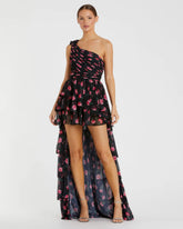 Black One Shoulder Ruffled Rose Print Layered High-Low Dress - FINAL SALE